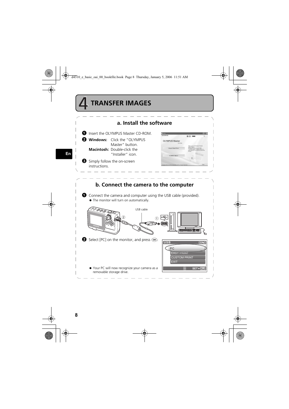 Transfer images, A. install the software, B. connect the camera to the computer | Olympus FE-130 User Manual | Page 8 / 108