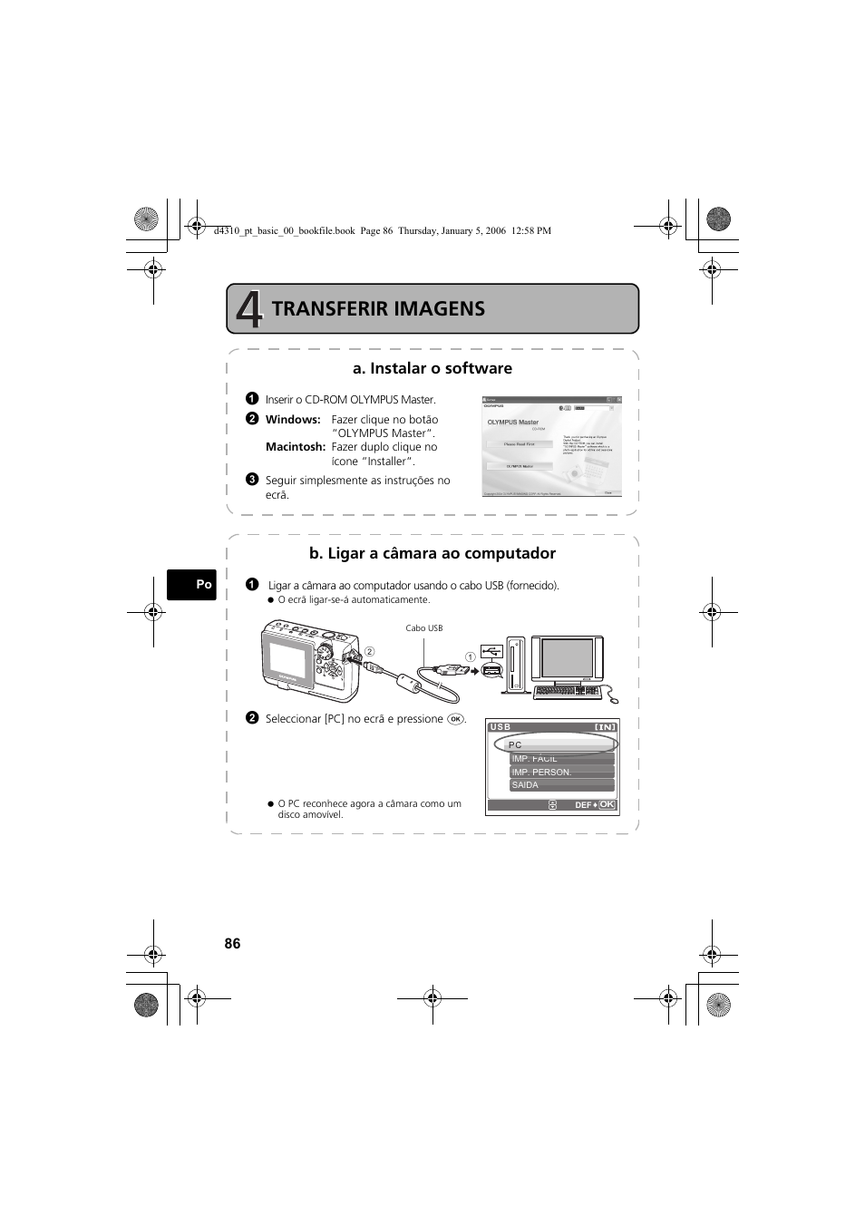 Transferir imagens, A. instalar o software, B. ligar a câmara ao computador | Olympus FE-130 User Manual | Page 86 / 108