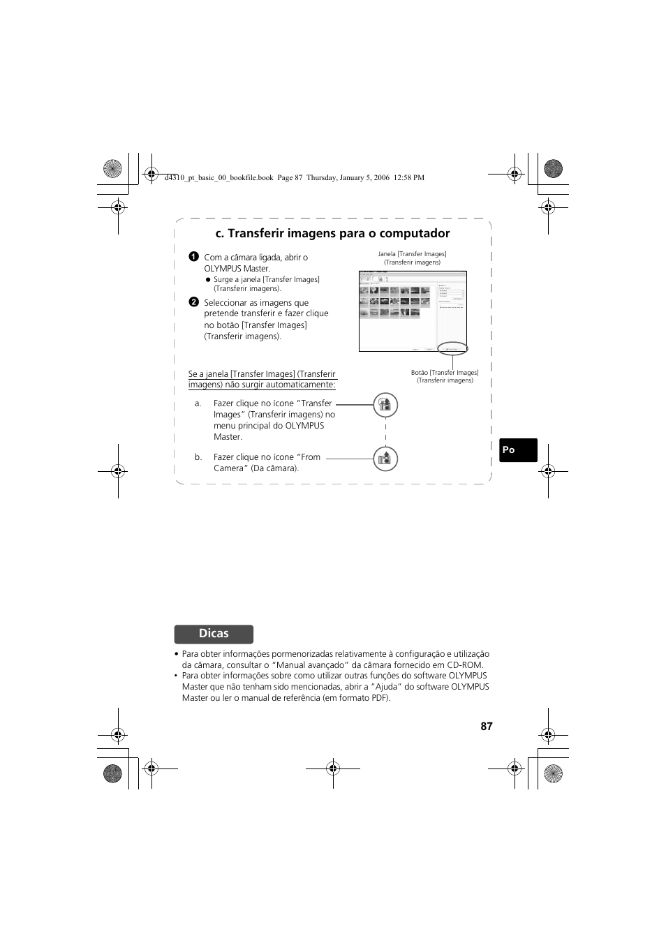 C. transferir imagens para o computador, Dicas | Olympus FE-130 User Manual | Page 87 / 108