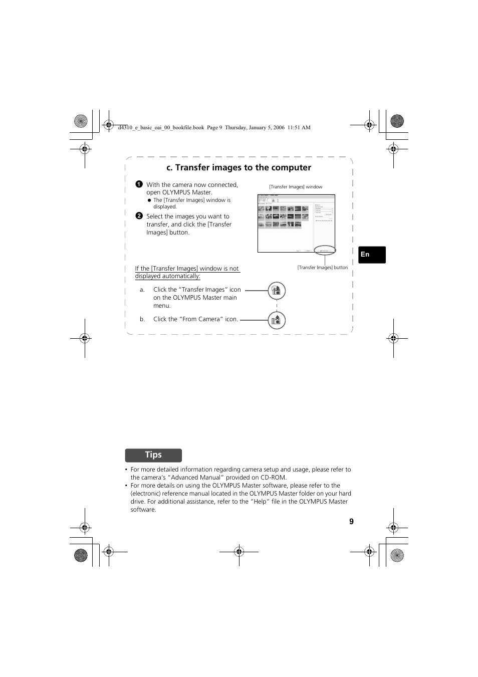 C. transfer images to the computer, Tips | Olympus FE-130 User Manual | Page 9 / 108