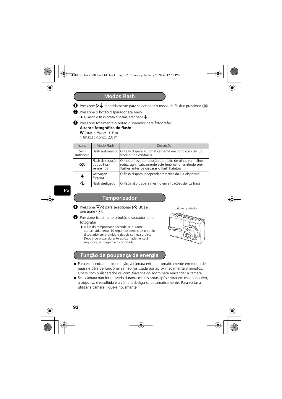 Modos flash temporizador, Função de poupança de energia | Olympus FE-130 User Manual | Page 92 / 108