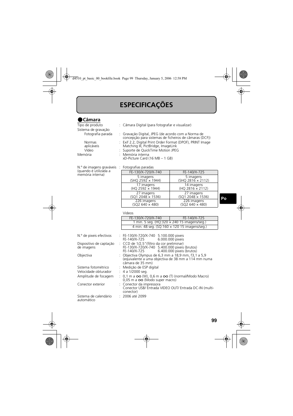 Especificações | Olympus FE-130 User Manual | Page 99 / 108