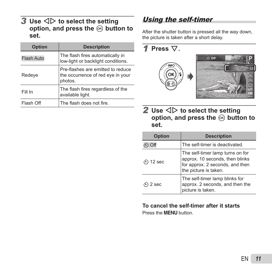 Using the self-timer, 11 en, Press g | Olympus SZ-15 User Manual | Page 11 / 79