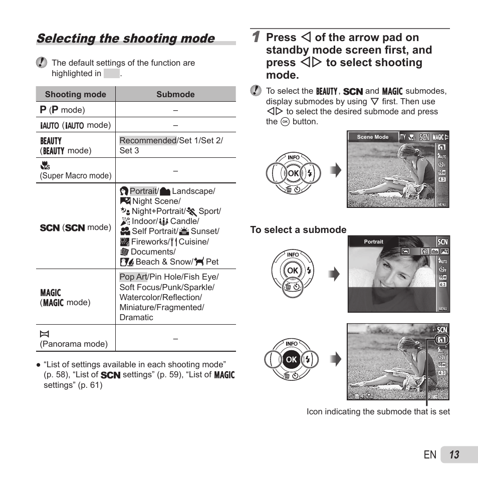 Selecting the shooting mode, 13 en | Olympus SZ-15 User Manual | Page 13 / 79