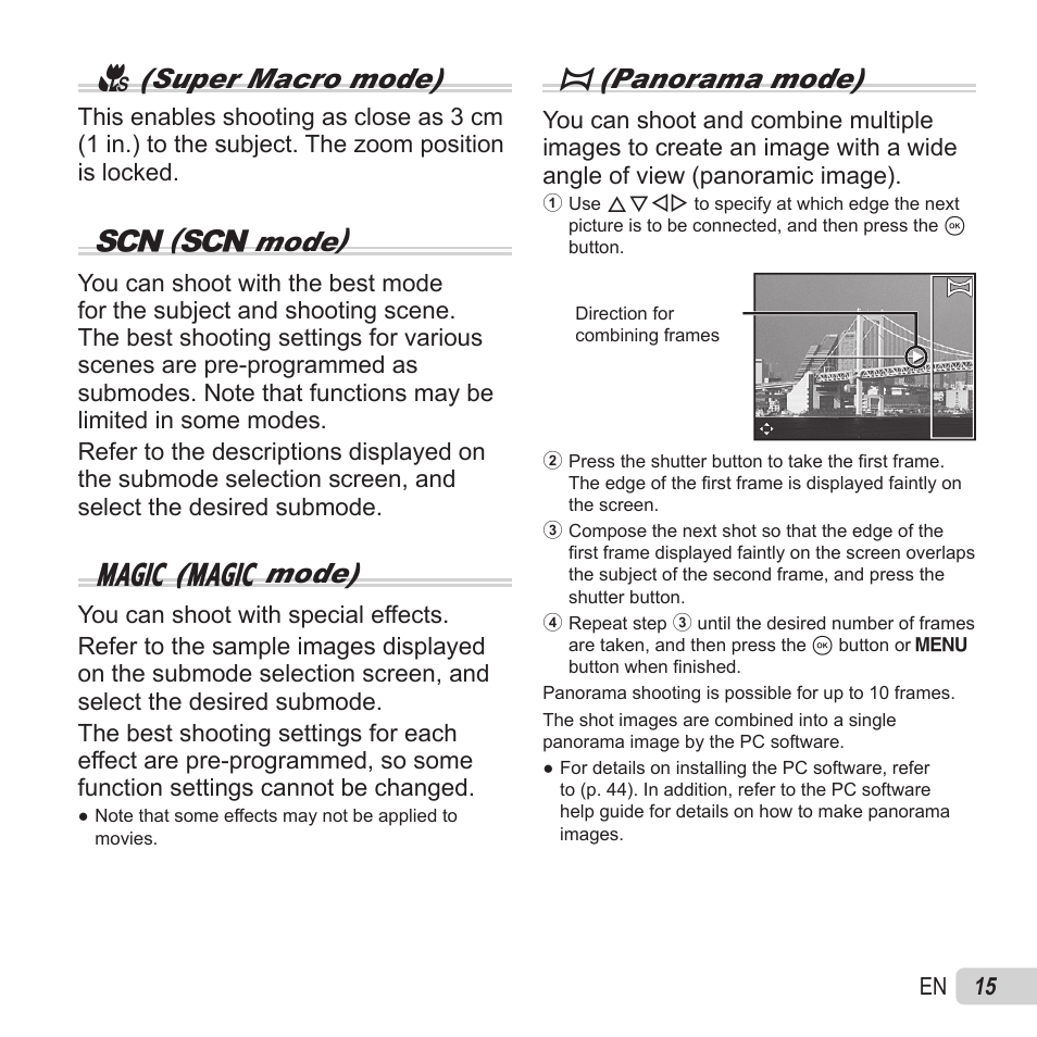 A(super macro mode), Mode), P( p mode) | P(panorama mode) | Olympus SZ-15 User Manual | Page 15 / 79