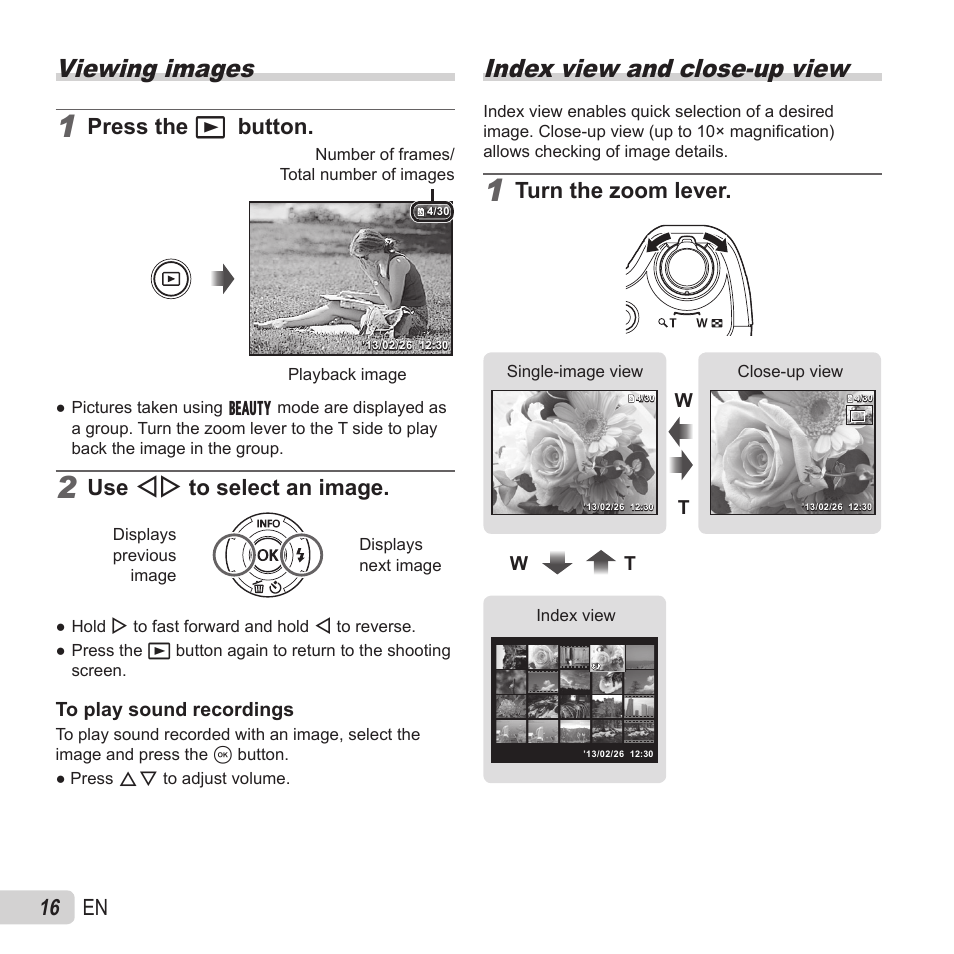 Playback, Viewing images, Index view and close-up view | 16 en, Press the q button, Use hi to select an image, Turn the zoom lever | Olympus SZ-15 User Manual | Page 16 / 79