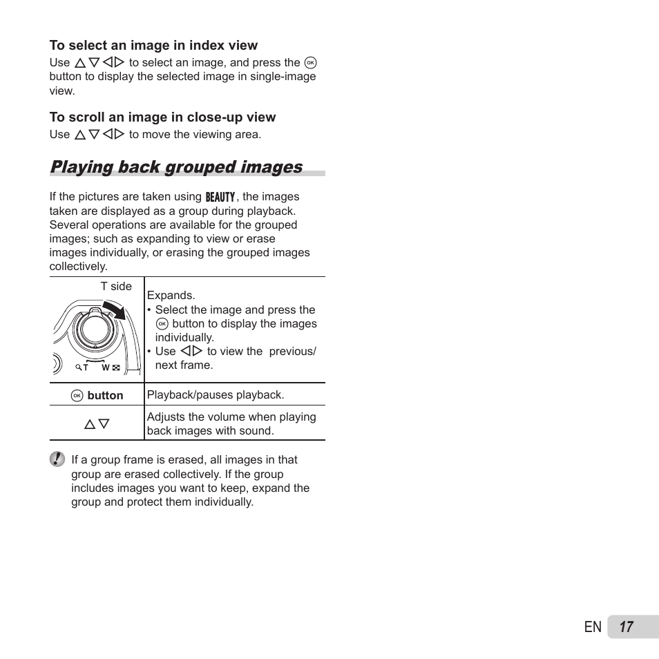 Playing back grouped images, 17 en | Olympus SZ-15 User Manual | Page 17 / 79