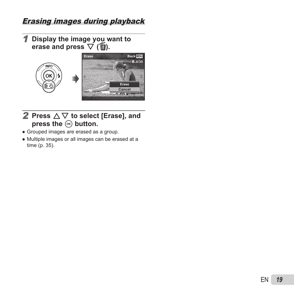 Erasing, Erasing images during playback, 19 en | Press fg to select [erase], and press the a button | Olympus SZ-15 User Manual | Page 19 / 79