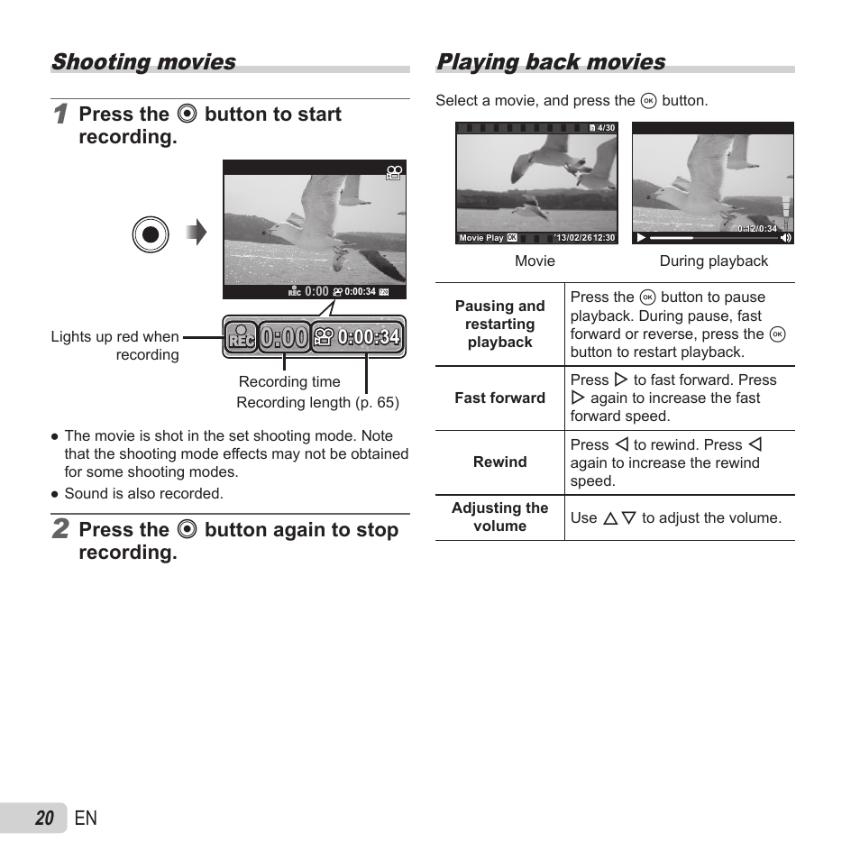 Shooting movies, Playing back movies, 20 en | Press the r button to start recording, Press the r button again to stop recording | Olympus SZ-15 User Manual | Page 20 / 79