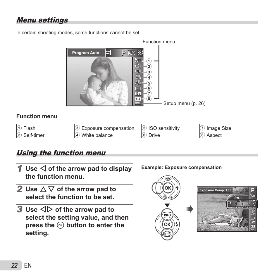 Menu settings, Using the function menu, 22 en | Function menu | Olympus SZ-15 User Manual | Page 22 / 79