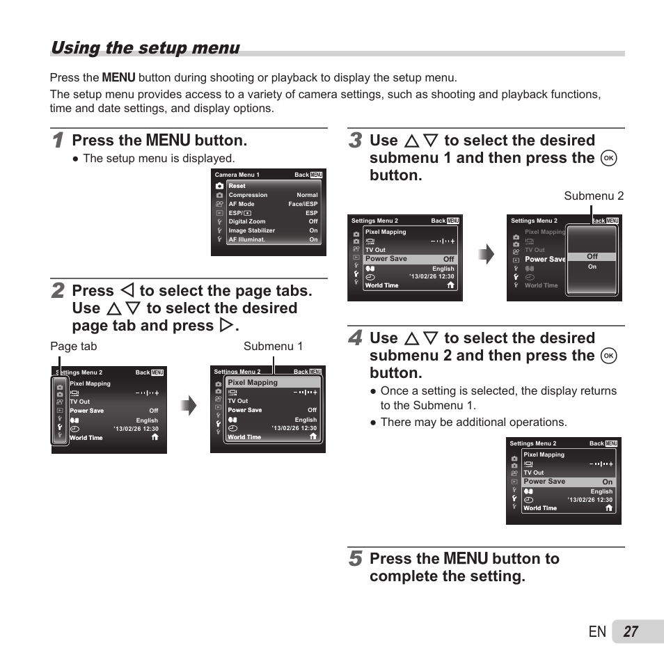 Using the setup menu, 27 en, Press the  button to complete the setting | Press the  button | Olympus SZ-15 User Manual | Page 27 / 79