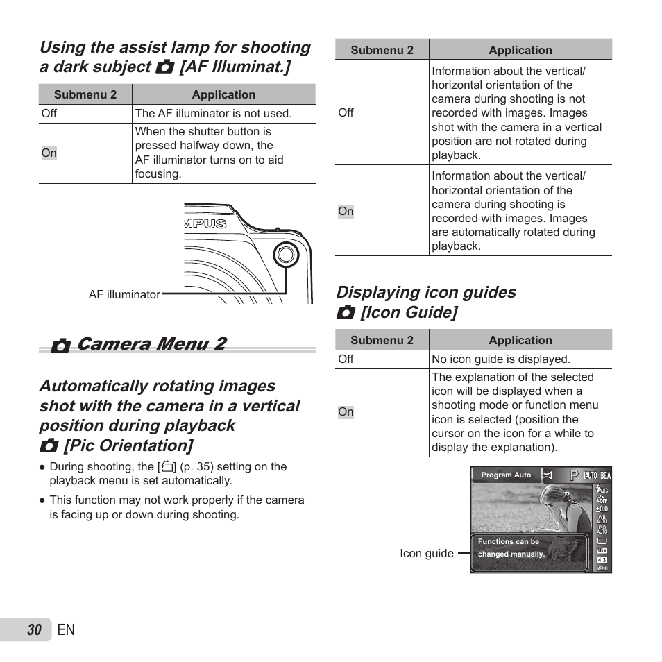 Zcamera menu 2, 30 en | Olympus SZ-15 User Manual | Page 30 / 79