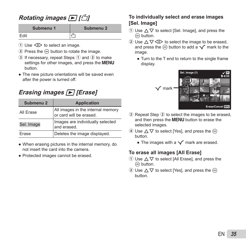 Rotating images, Rotating images q q [ [ y y, Erasing images | Erasing images q q [erase] [erase, 35 en | Olympus SZ-15 User Manual | Page 35 / 79