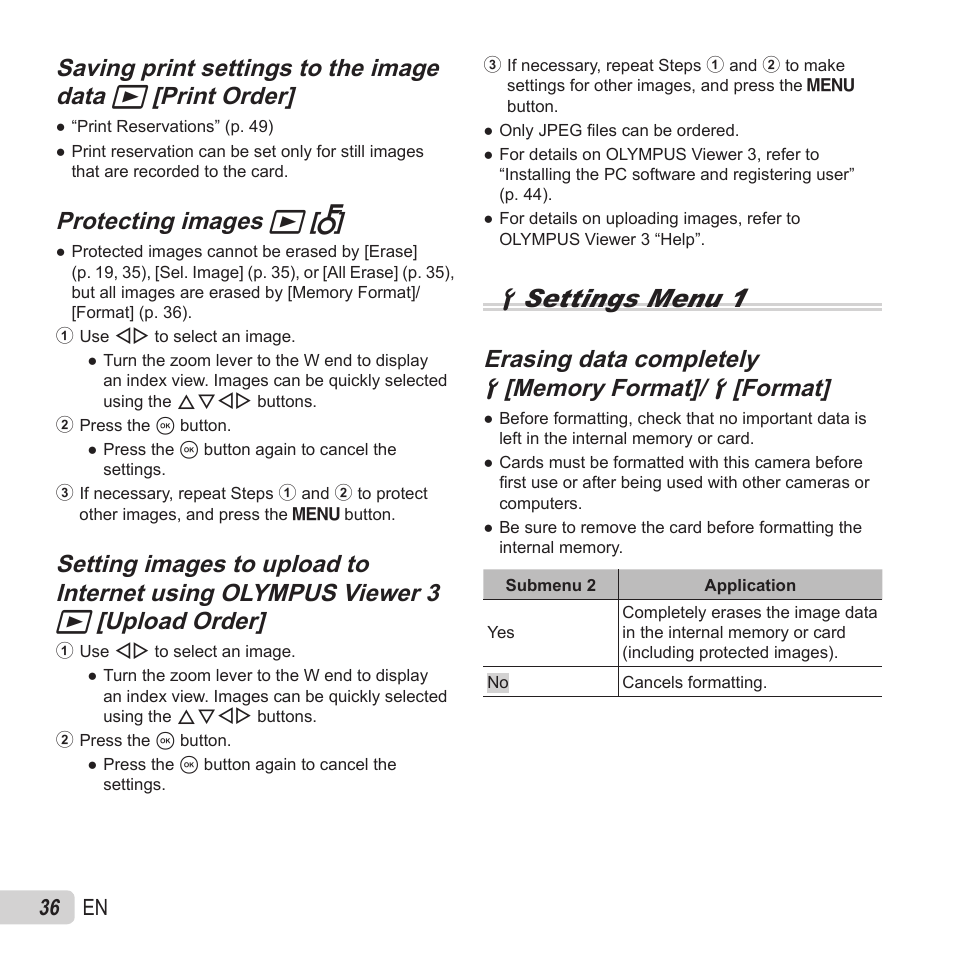 Dsettings menu 1, Protecting images, Protecting images q q [ [ r r | Erasing data completely, 36 en | Olympus SZ-15 User Manual | Page 36 / 79