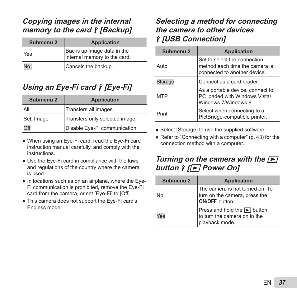 Using an eye-fi card, Using an eye-fi card dd [eye-fi] [eye-fi, Turning on the camera with the | Olympus SZ-15 User Manual | Page 37 / 79