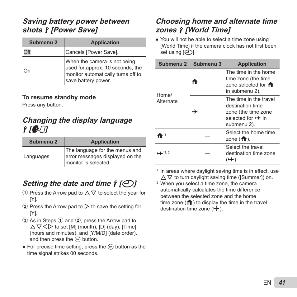 Changing the display language, Changing the display language dd [ [ l l, Setting the date and time | Setting the date and time dd [ [ x x, 41 en | Olympus SZ-15 User Manual | Page 41 / 79