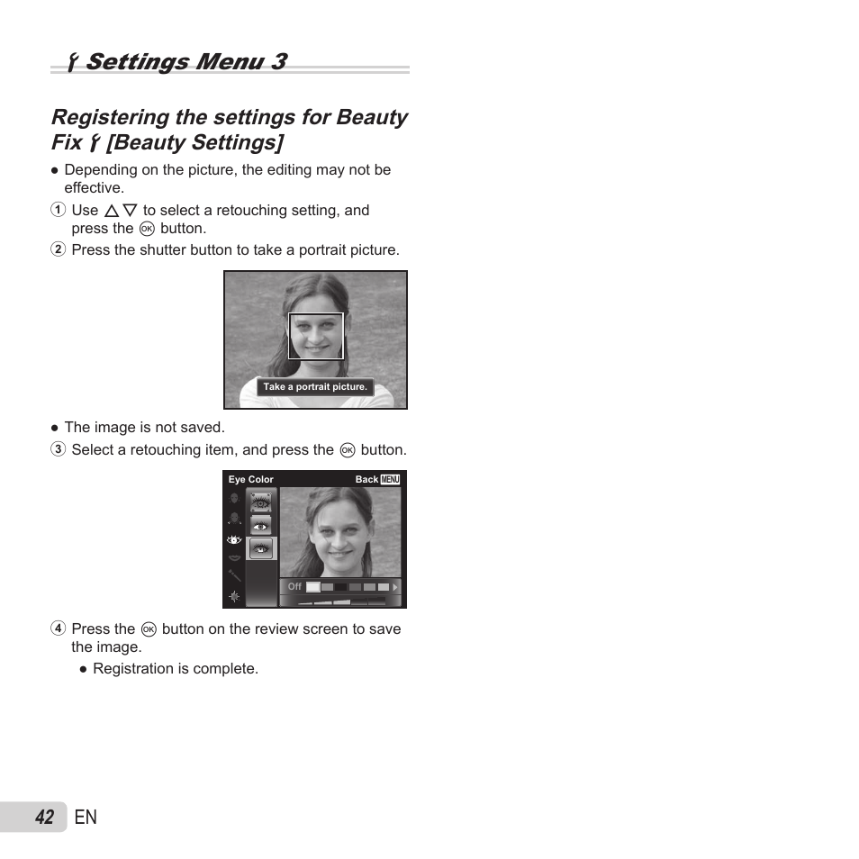 Dsettings menu 3, 42 en | Olympus SZ-15 User Manual | Page 42 / 79