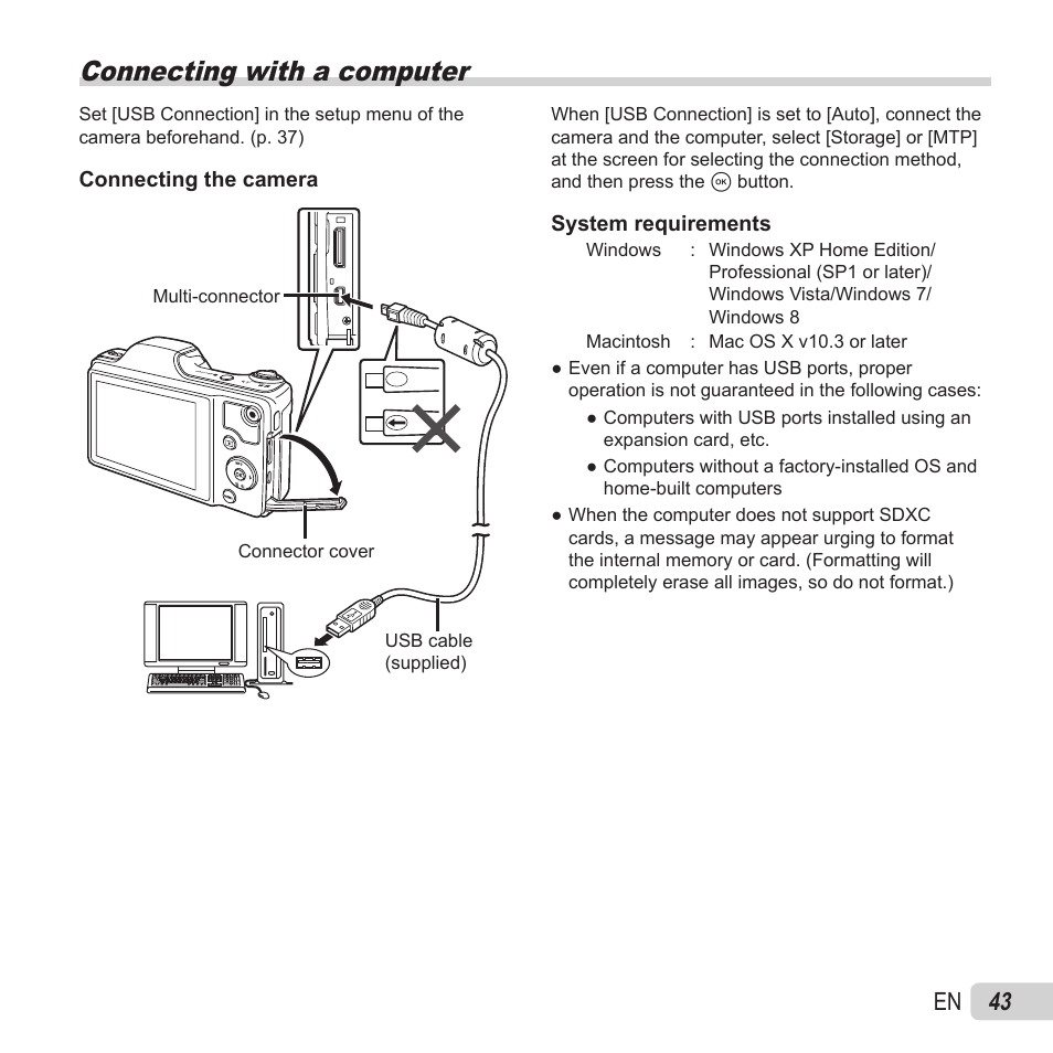 Connecting with a computer, 43 en | Olympus SZ-15 User Manual | Page 43 / 79
