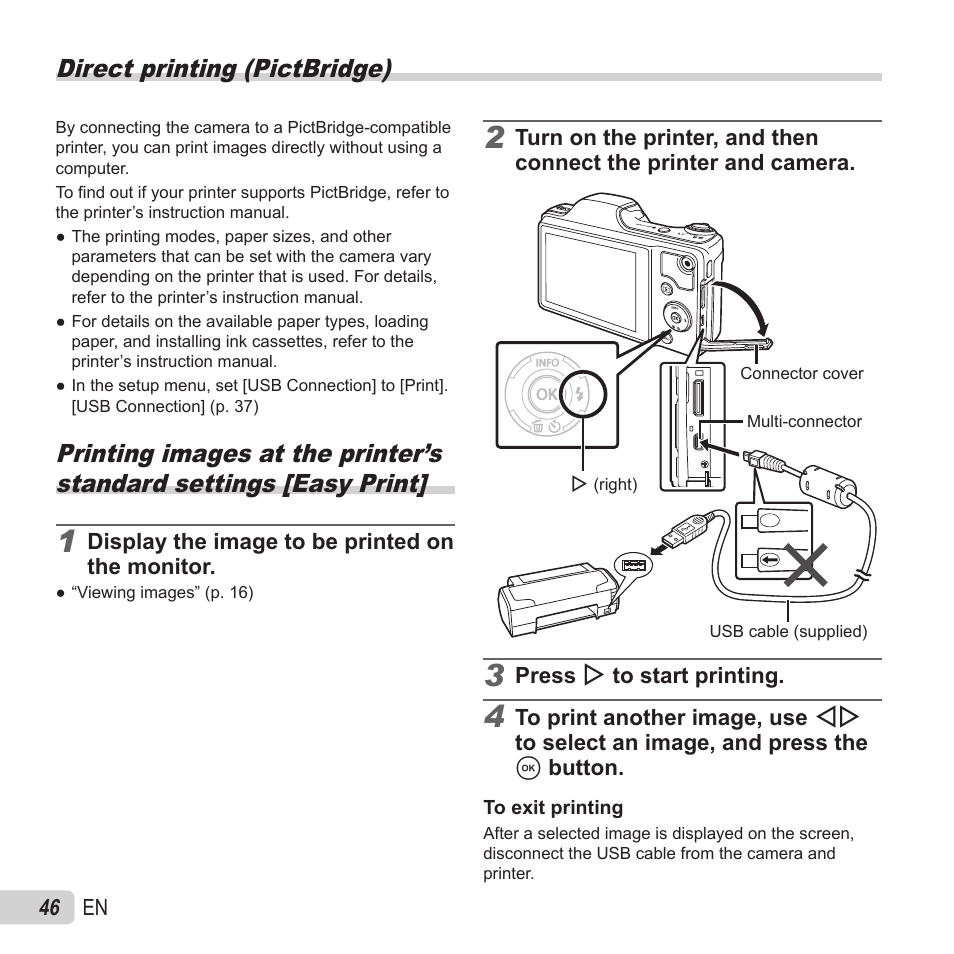 Printing, Direct printing (pictbridge) | Olympus SZ-15 User Manual | Page 46 / 79