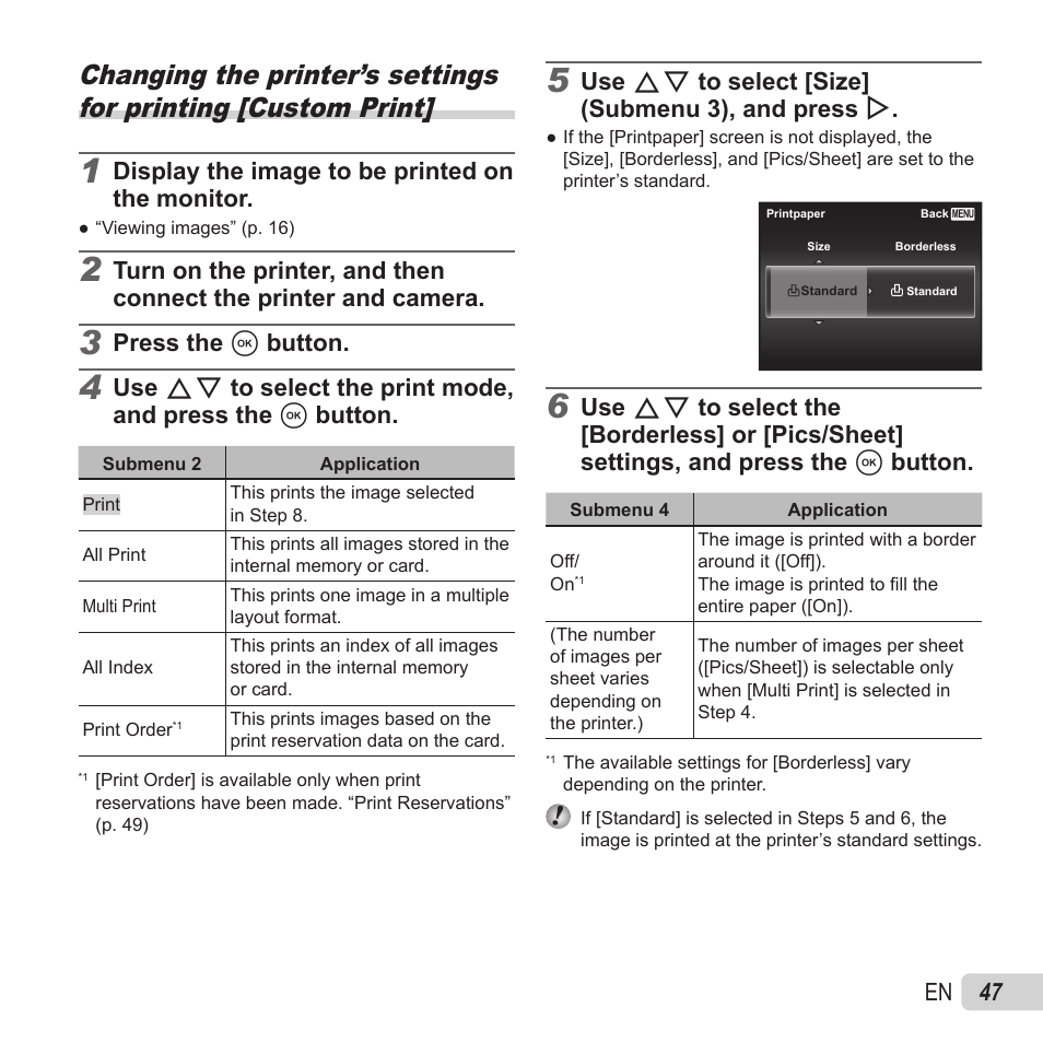 47 en, Display the image to be printed on the monitor, Press the a button | Use fg to select [size] (submenu 3), and press i | Olympus SZ-15 User Manual | Page 47 / 79