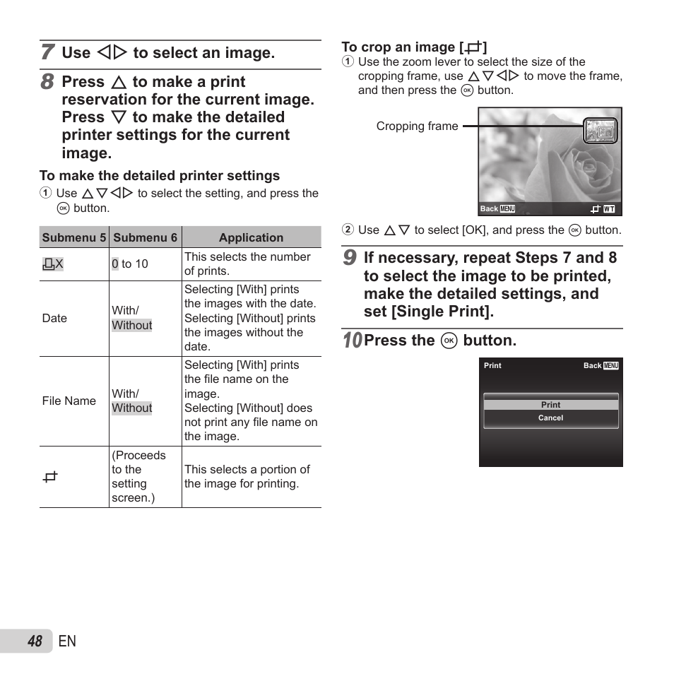 48 en, Use hi to select an image, Press the a button | Olympus SZ-15 User Manual | Page 48 / 79