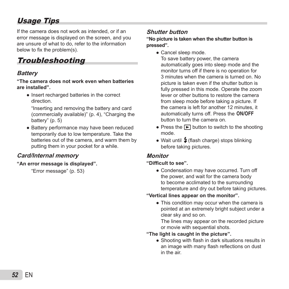 Usage tips, Troubleshooting, 52 en | Olympus SZ-15 User Manual | Page 52 / 79