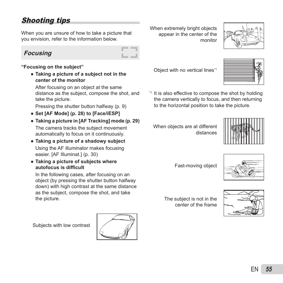 Shooting tips, 55 en, Focusing | Olympus SZ-15 User Manual | Page 55 / 79