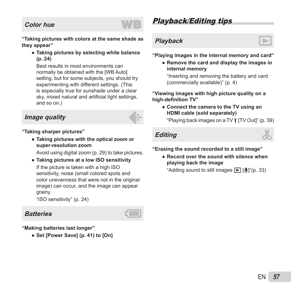 Playback/editing tips, 57 en, Color hue | Image quality, Batteries, Playback, Editing | Olympus SZ-15 User Manual | Page 57 / 79