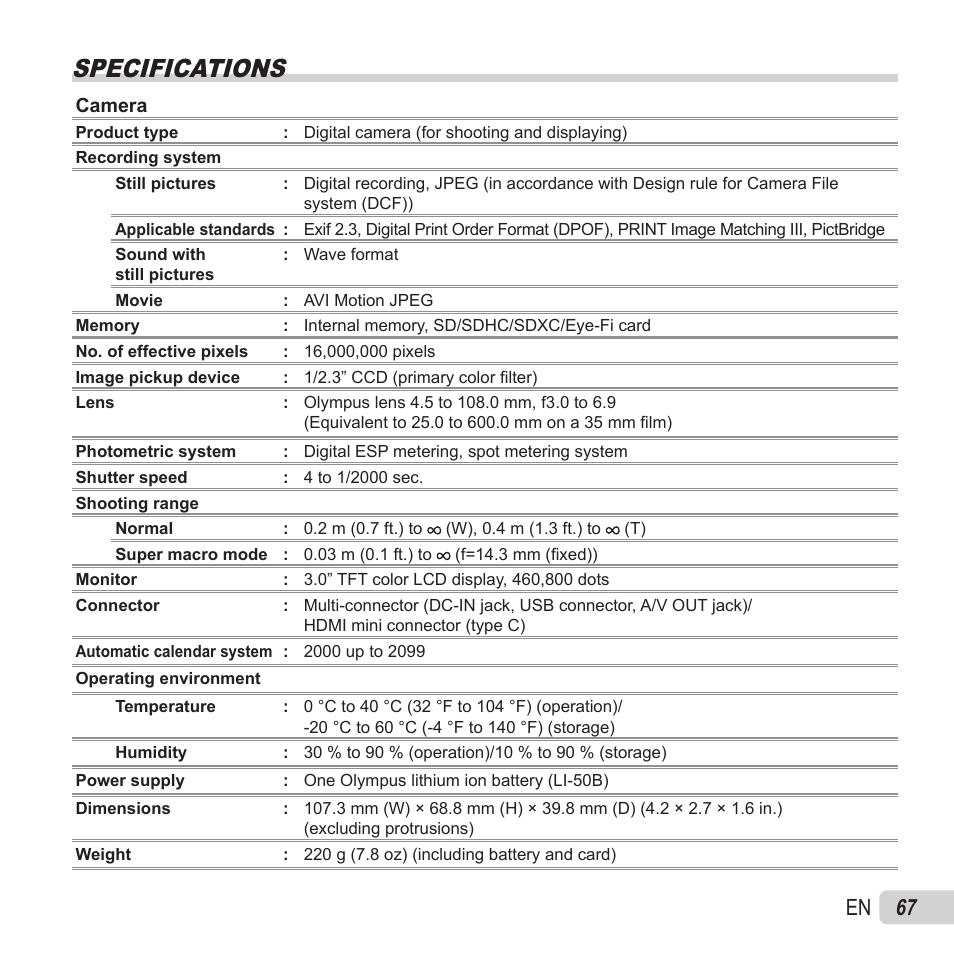 Specifications, 67 en | Olympus SZ-15 User Manual | Page 67 / 79