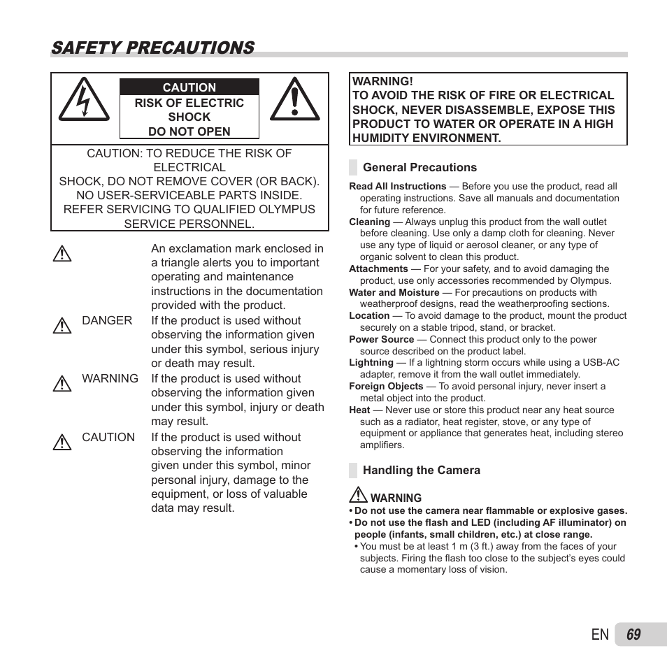 Safety precautions, 69 en | Olympus SZ-15 User Manual | Page 69 / 79