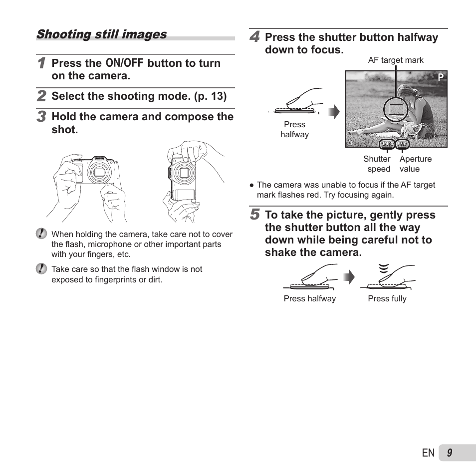 Shooting, Shooting still images | Olympus SZ-15 User Manual | Page 9 / 79