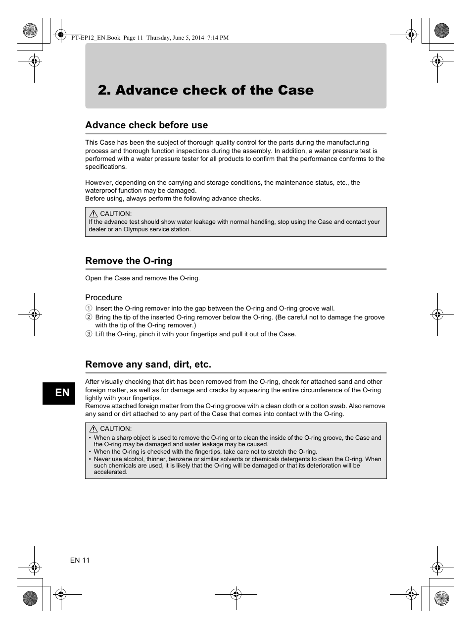 Advance check of the case, Advance check before use, Remove the o-ring | Remove any sand, dirt, etc | Olympus PTEP12 User Manual | Page 12 / 96