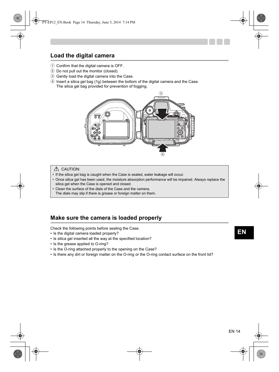 Load the digital camera, Make sure the camera is loaded properly | Olympus PTEP12 User Manual | Page 15 / 96