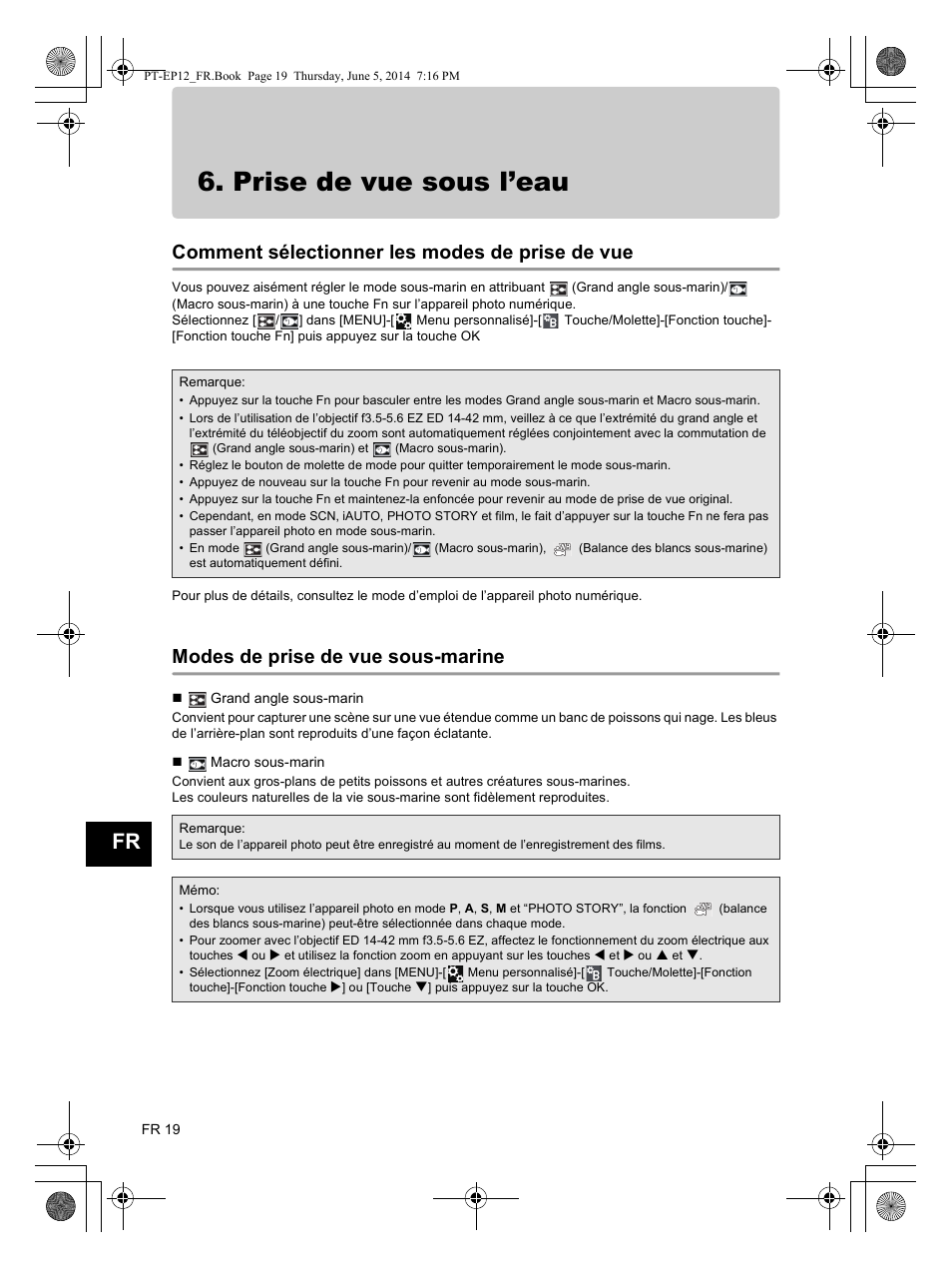 Prise de vue sous l’eau, Comment sélectionner les modes de prise de vue, Modes de prise de vue sous-marine | Olympus PTEP12 User Manual | Page 44 / 96