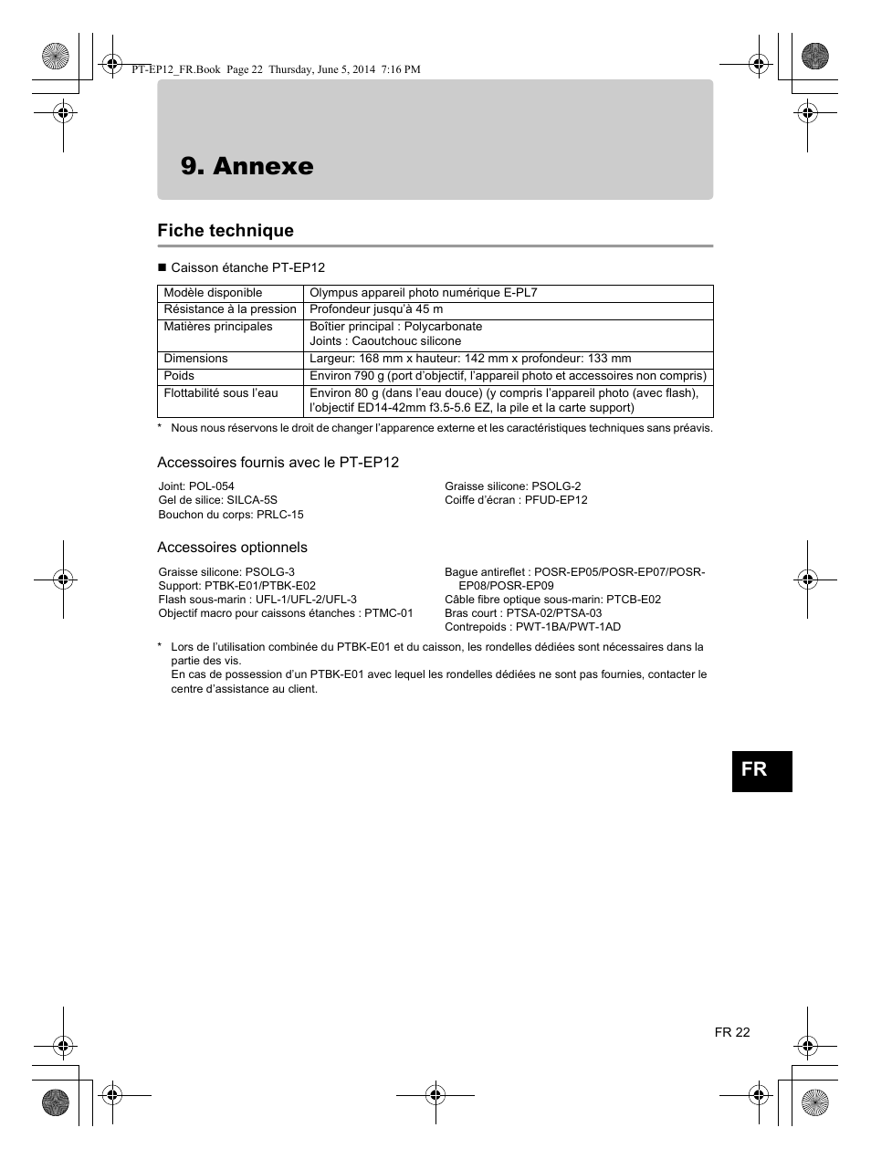 Annexe, Fiche technique | Olympus PTEP12 User Manual | Page 47 / 96