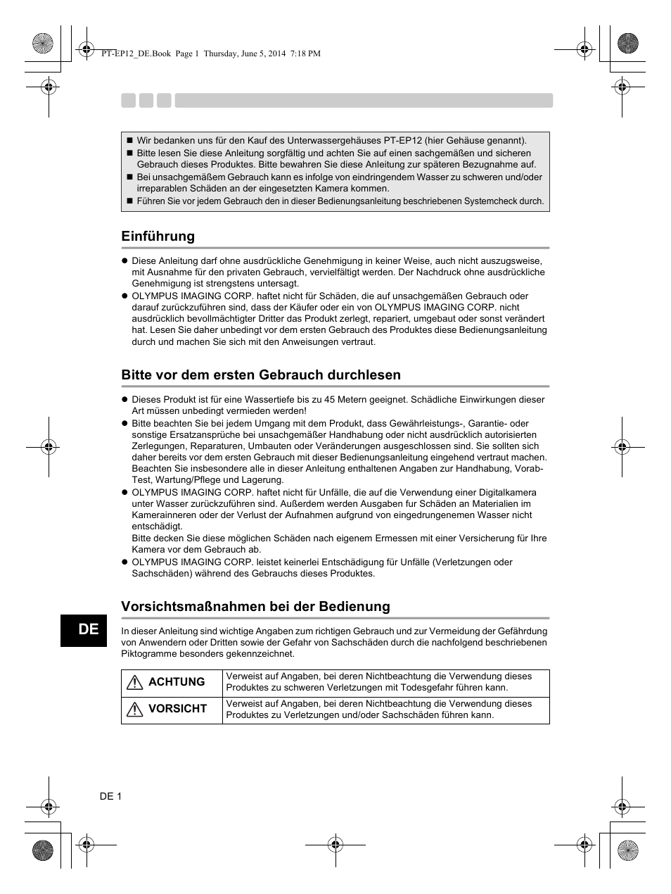 Einführung, Bitte vor dem ersten gebrauch durchlesen, Vorsichtsmaßnahmen bei der bedienung | Olympus PTEP12 User Manual | Page 50 / 96