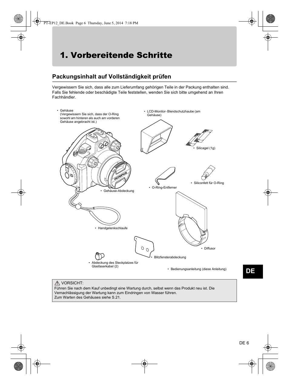 Vorbereitende schritte, Packungsinhalt auf vollständigkeit prüfen | Olympus PTEP12 User Manual | Page 55 / 96