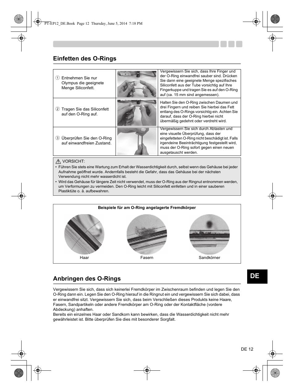 Einfetten des o-rings anbringen des o-rings | Olympus PTEP12 User Manual | Page 61 / 96