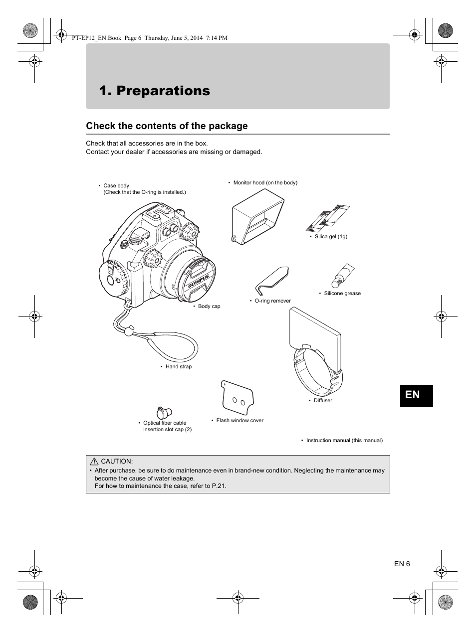 Preparations, Check the contents of the package | Olympus PTEP12 User Manual | Page 7 / 96
