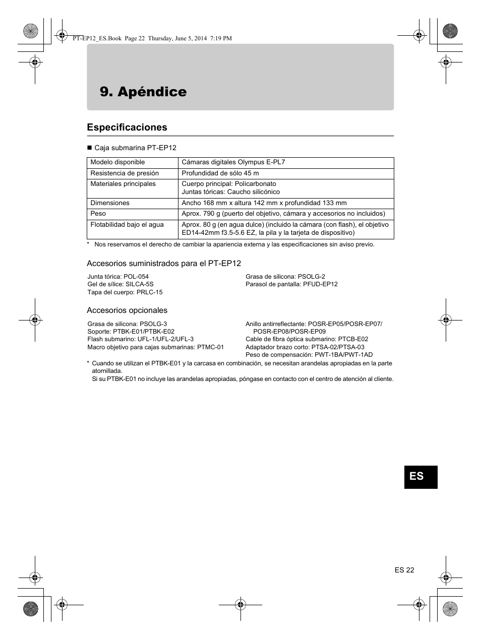 Apéndice, Especificaciones | Olympus PTEP12 User Manual | Page 95 / 96