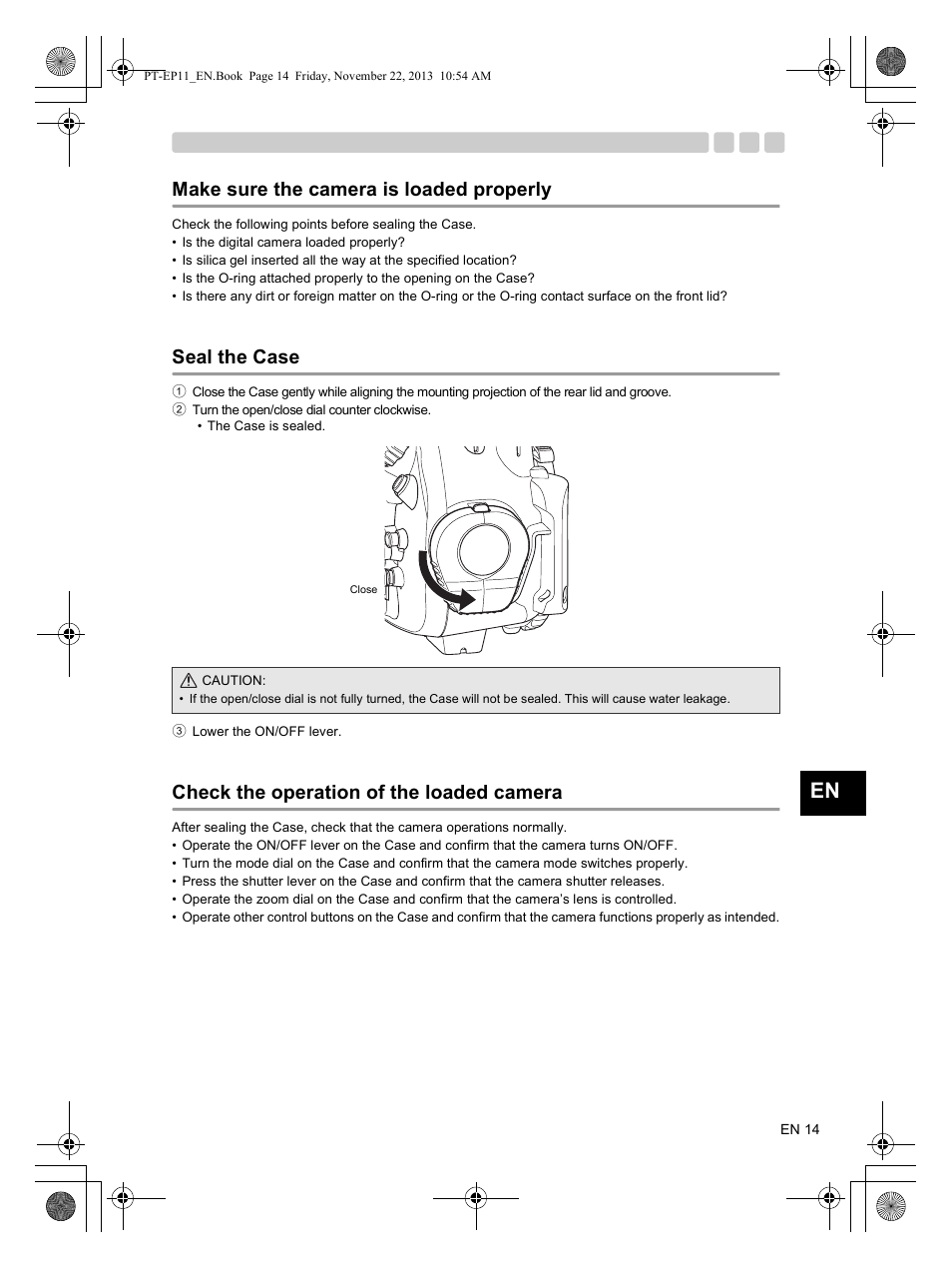 Make sure the camera is loaded properly, Seal the case, Check the operation of the loaded camera | Olympus PTEP11 User Manual | Page 15 / 89