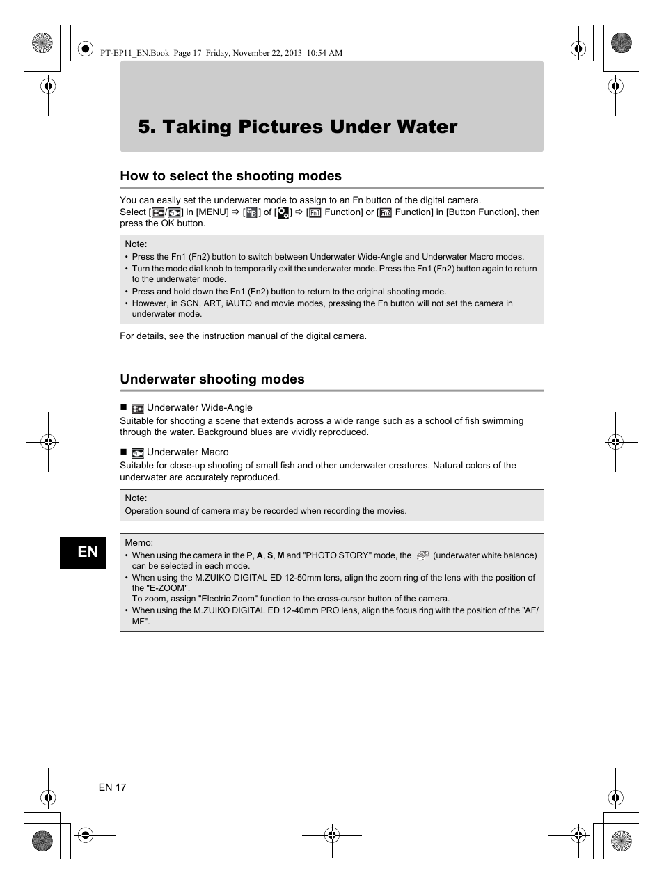 Taking pictures under water, How to select the shooting modes, Underwater shooting modes | Olympus PTEP11 User Manual | Page 18 / 89