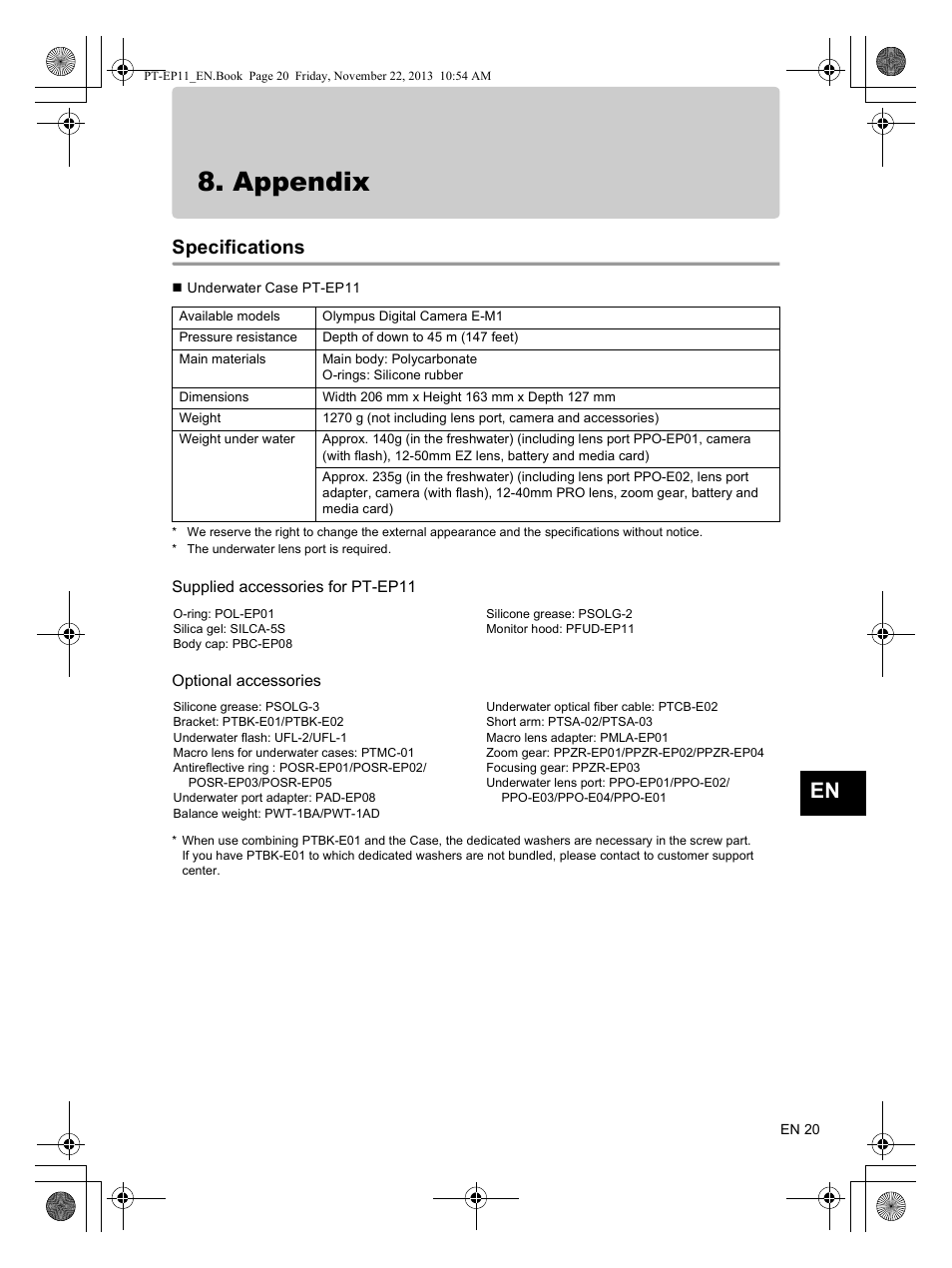 Appendix, Specifications | Olympus PTEP11 User Manual | Page 21 / 89