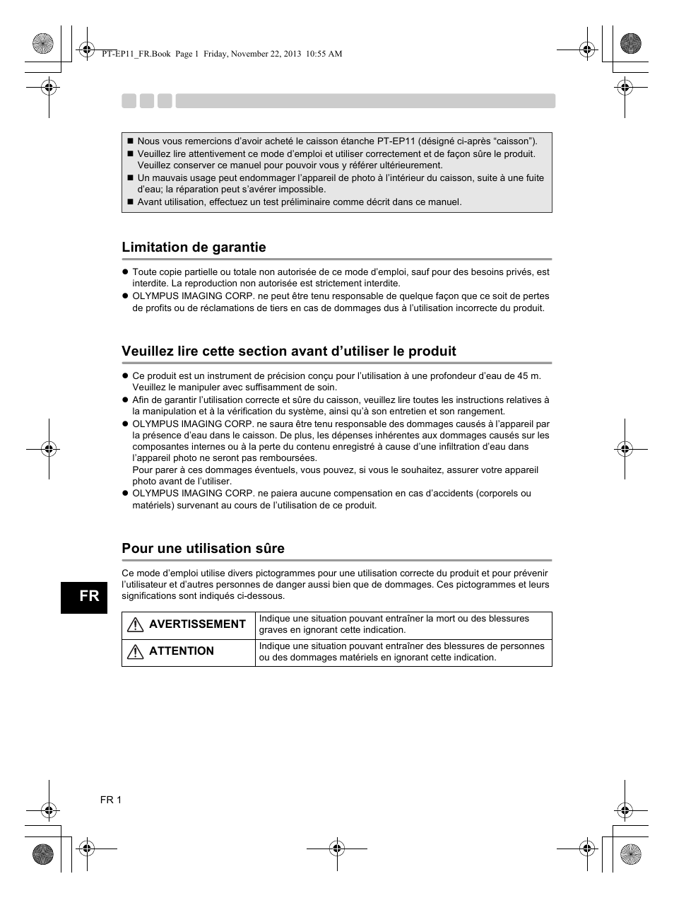 Limitation de garantie, Pour une utilisation sûre | Olympus PTEP11 User Manual | Page 24 / 89