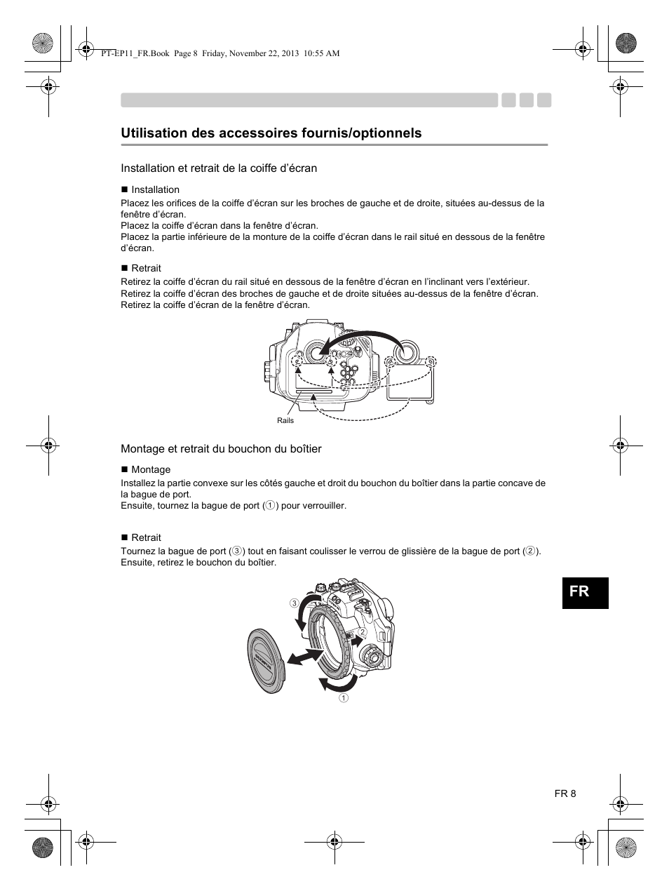 Utilisation des accessoires fournis/optionnels, Installation et retrait de la coiffe d’écran | Olympus PTEP11 User Manual | Page 31 / 89