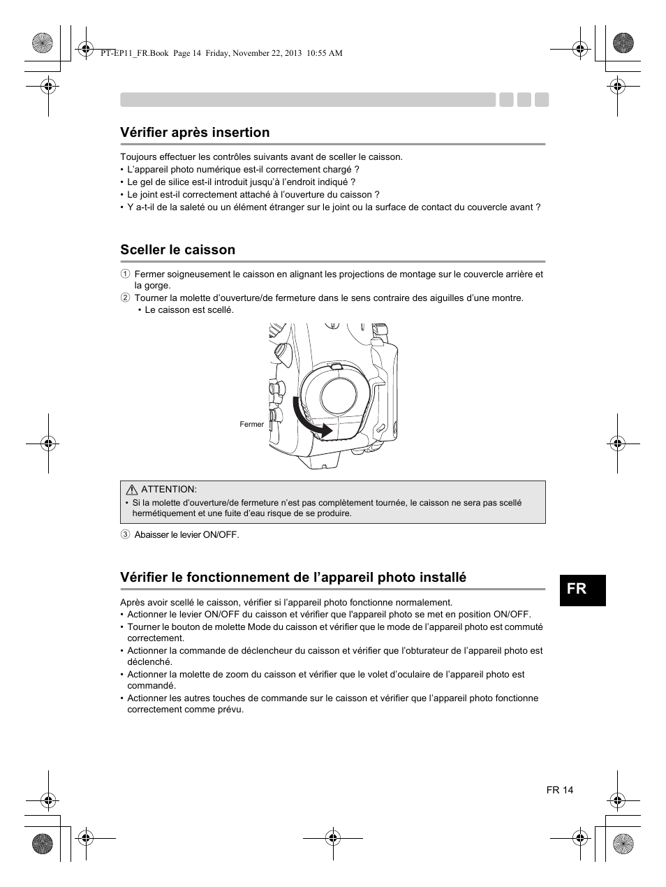 Vérifier après insertion, Sceller le caisson | Olympus PTEP11 User Manual | Page 37 / 89