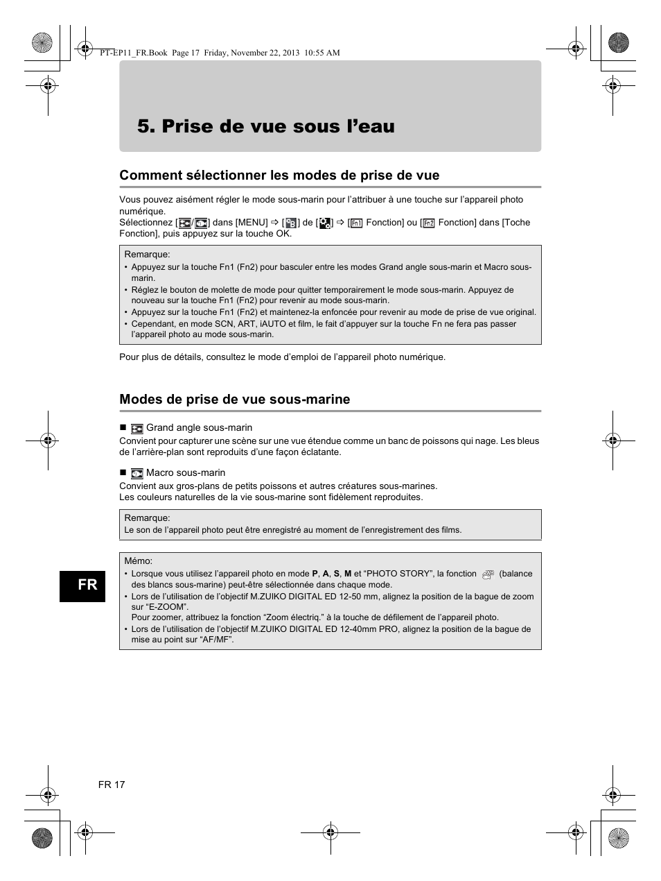 Prise de vue sous l’eau, Comment sélectionner les modes de prise de vue, Modes de prise de vue sous-marine | Olympus PTEP11 User Manual | Page 40 / 89