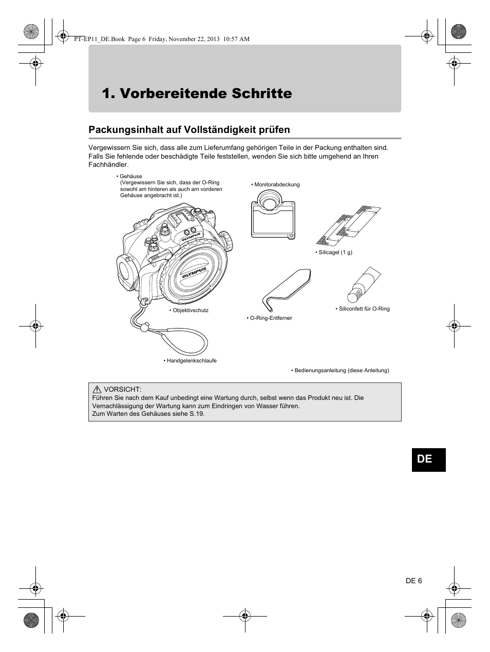 Vorbereitende schritte, Packungsinhalt auf vollständigkeit prüfen | Olympus PTEP11 User Manual | Page 51 / 89