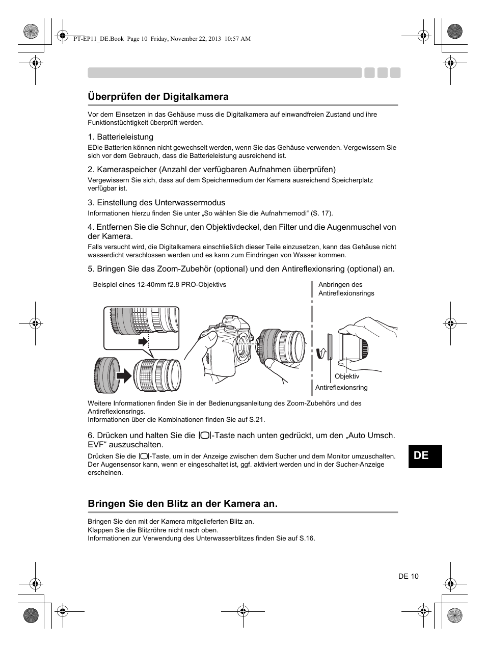 Überprüfen der digitalkamera, Bringen sie den blitz an der kamera an | Olympus PTEP11 User Manual | Page 55 / 89