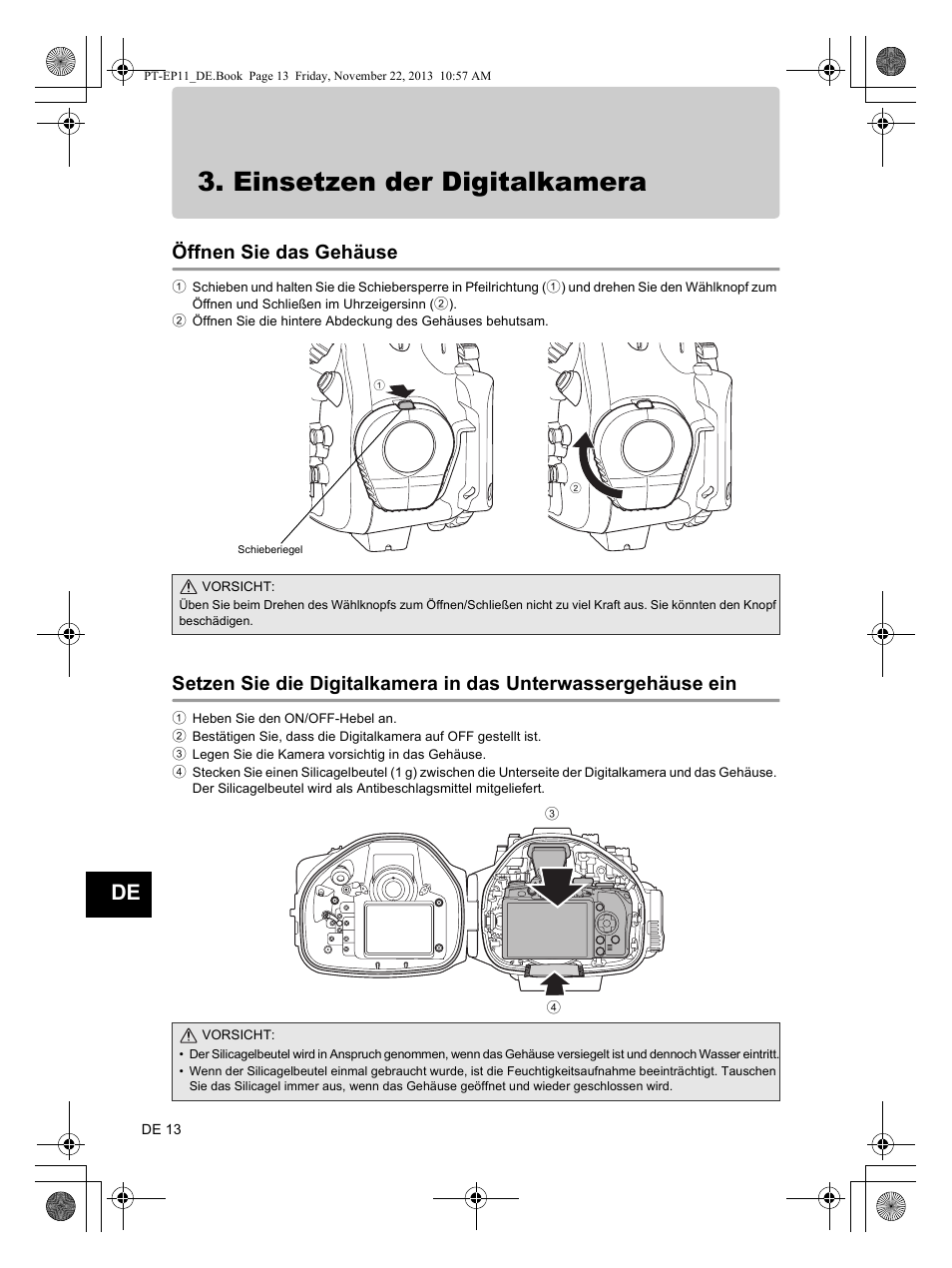 Einsetzen der digitalkamera, Öffnen sie das gehäuse, Conexión del cable de fibra óptica submarino | Olympus PTEP11 User Manual | Page 58 / 89